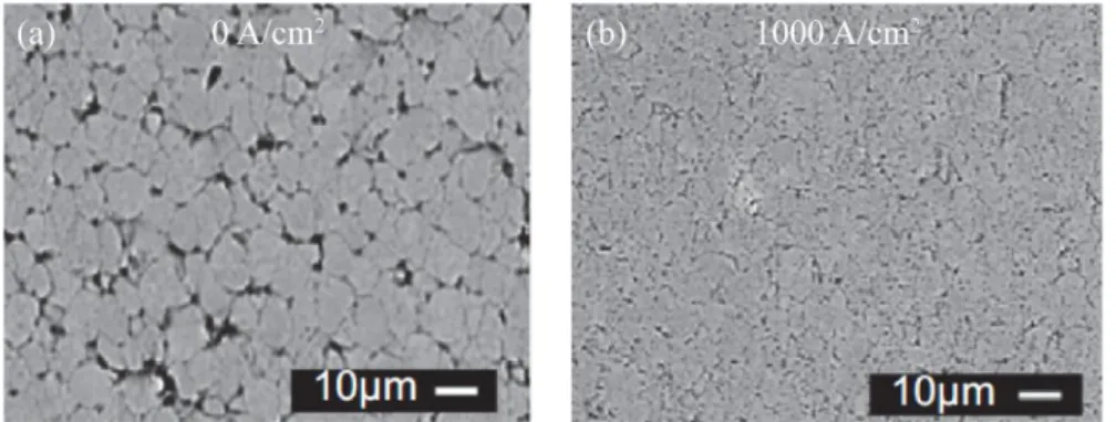 Fig. 9 Cross-sectional microstructure of Cu powder of 10 µm in size densified without cur- cur-rent (a), and with a curcur-rent of ~ 1000 A/cm 2  (b)