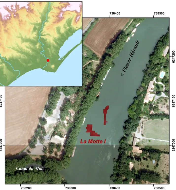 Fig. 1 – Localisation des secteurs de fouilles du site de la Motte 1 (SIG : T. Lachenal ; fond : BD ORTHO®).