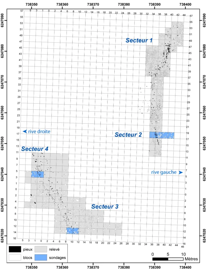 Fig. 4 – Plan général des structures du site de la Motte 1 et localisation des sondages (SIG : T