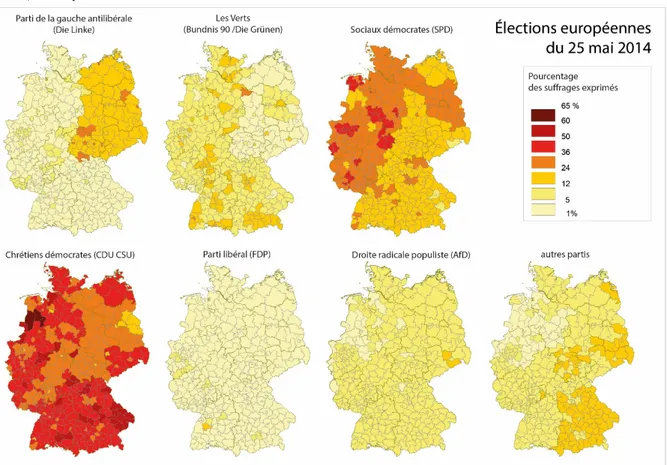 Figure 2 : Résultats locaux  des principaux partis politiques allemands aux élections européennes de  2014, en % par Kreise      Figure 3 : Résultats locaux des principaux partis politiques allemands aux élections européennes de  2019, en % par Kreise   