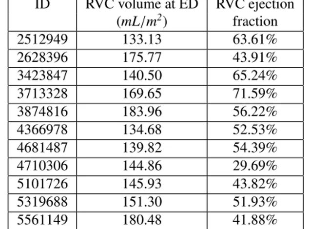 Table 2: RVC volumes and ejection fraction at ED of the cases of cluster