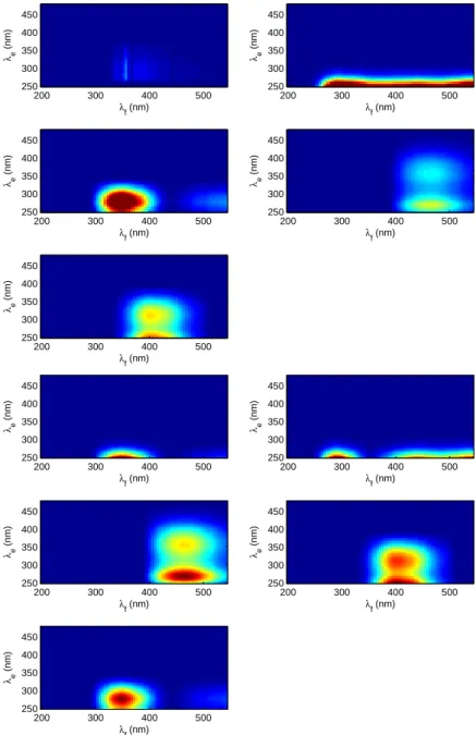 Figure 5: Case 4 factors, assuming F = 5, the 5 estimated emission-excitation images using the conjugate gradient algorithm with positivity constraint (top) and the ALS algorithm with positivity constraint projection based (bottom).
