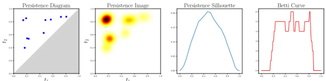 Figure 2: Some common linear representations of persistence diagrams. From left to right: A persistence diagram