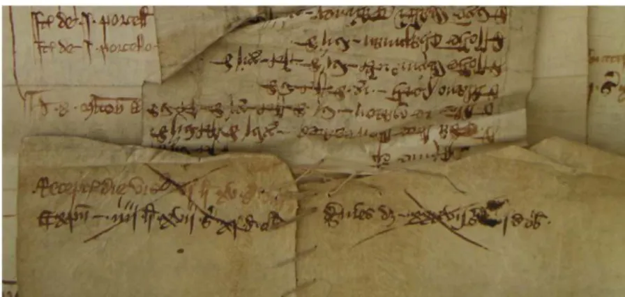 Fig. 10 : Compte partiel de Monks' Grange pour 1326-27 : ajout des sommes des recettes et des dépenses de la vue de compte (bas du verso, NRO, DCN 62/1).