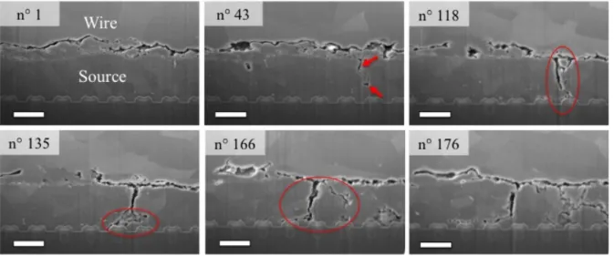 Fig. 13. Selection of six non consecutive SEM images from the data stack of the wire-metallization interface of a 70 °C aged device (slicing  distance 50 nm)