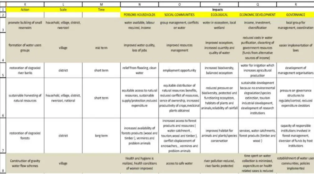 Figure 4. Extract of the Rwenzori action database elaborated from the first stakeholder workshop   (source E Hassenforder) 