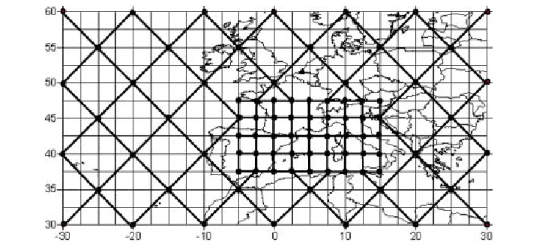 Figure 1 Fenêtre européenne de 86 points de grille utilisée pour les calculs (en gras)