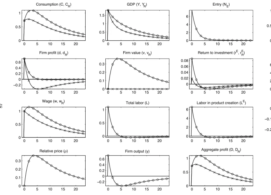 Figure 1: Impulse Responses to a Productivity Increase, C.E.S. Preferences