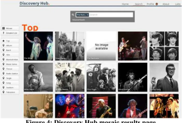 Figure 4: Discovery Hub mosaic results page   The user can influence the results in Discovery Hub thanks to the  advanced search mode