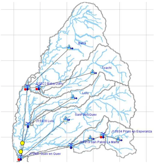 Figure 3:  General schematization of a HEC-HMS model for the upper part of Vinces River  catchment with its subbasins