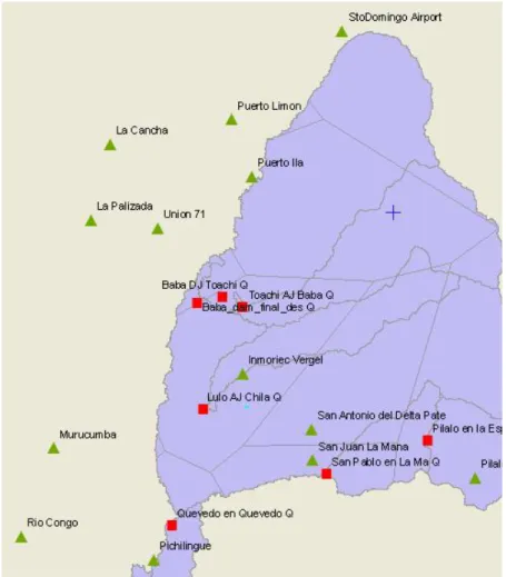 Figure 4:  Thyessen polygons across Vinces’ upper catchment.  Rainfall stations are in  green and streamflow measurement locations are in red