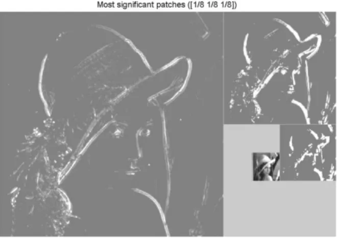 Fig. 2. White indicates the location of patches of largest energy (1/8 of the patches is selected for each subband).