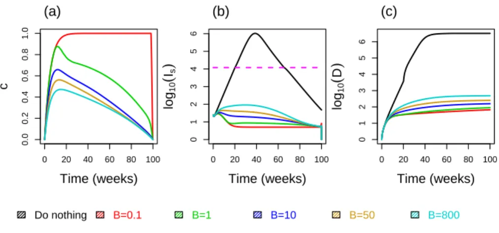 Figure 3: Effect of the the weight parameter B on optimal interventions.