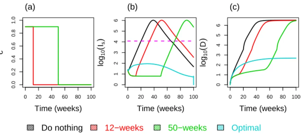 Figure S3: Full lock-down during 12 and 50 weeks versus optimal control. (a) The control strategy