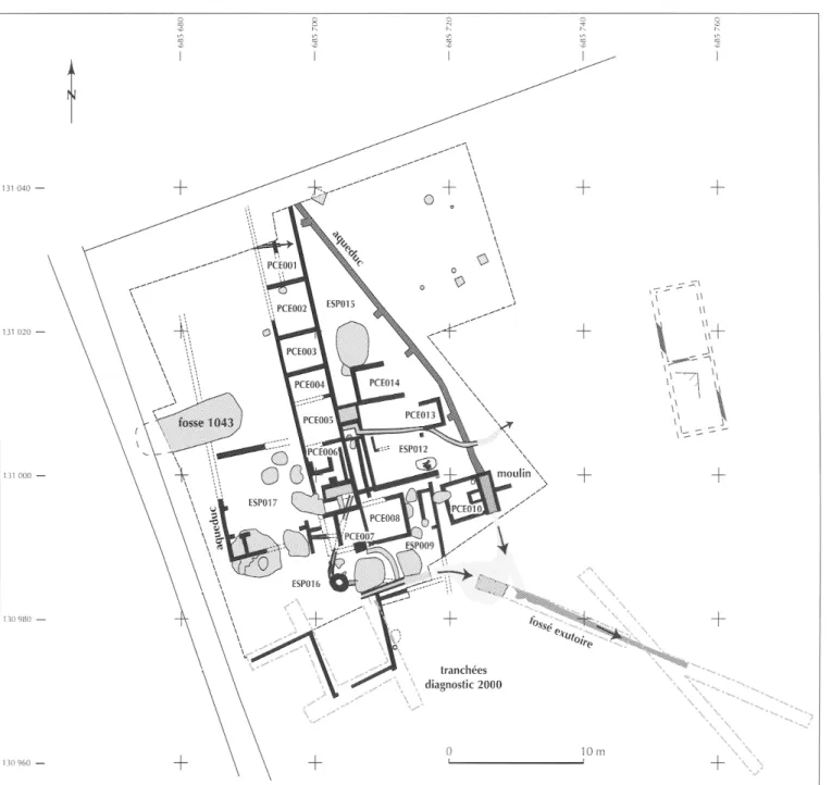 Fig. 3  - Plan provisoire des structures  archéologiques mises au jour en  2000-2002 à L' Auribelle-Basse (Pézenas) :  PCE, pièce; ESP,  espace (DAO S