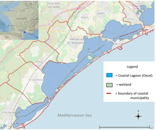 Figure 1.   The Palavas lagoon complex in S. France on the Mediterranean Sea with its  coastal barrier (25 km long running SW-NE) and its fringing wetlands