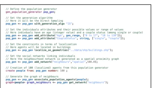 Fig. 1. Example of GAML code illustrating the three aspects of the Gen* population generation.