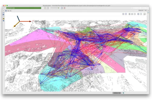 Fig. 2. Example of a population composed of 100 agents generated with 5 attributes (age, CSP, sex, couple and iris) from INSEE data, localized on IRIS inside buildings and linked through 2 social networks (a random network and a proximity network).