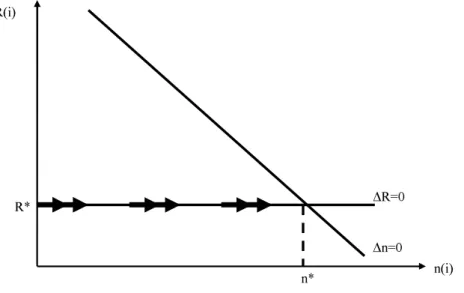 Figure 4: Equilibrium dynamics of {R i , n i } n(i) ∆n=0 R(i) ∆R=0 R*  n*  equation: