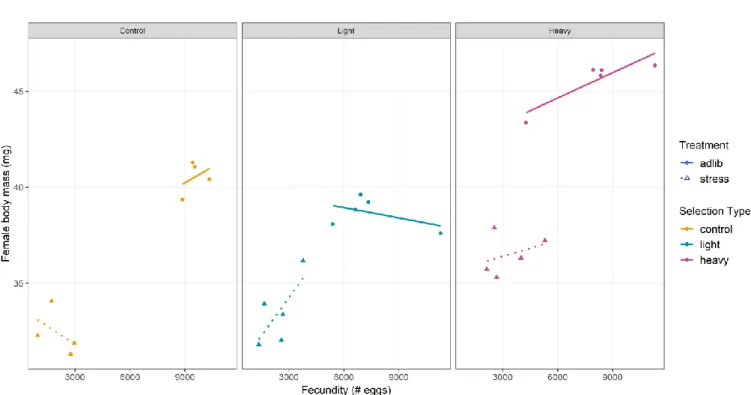 Figure 8: Relationship between reproductive and growth traits of experimental lines of the female body  mass selection scheme 