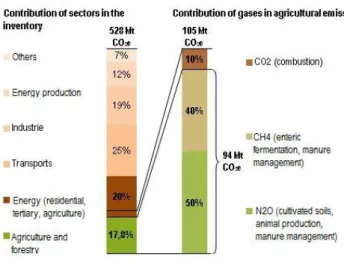 Table 1. France 2010: GHG emissions of the agricultural sector, including energy consumption (CITEPA 2012) (National inventory drawn up in accordance with the rules defined by the IPCC in 1996)