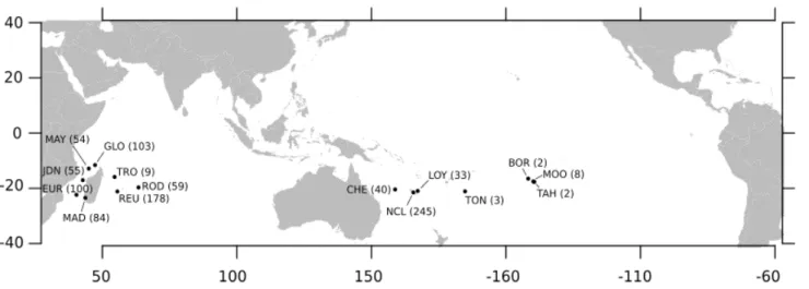 Fig 1.  Sampling  localities  of  Pocillopora  colonies.  The  number  of  colonies  sampled  is  indicated in parentheses near the locality code (from west to east and from north to south: 