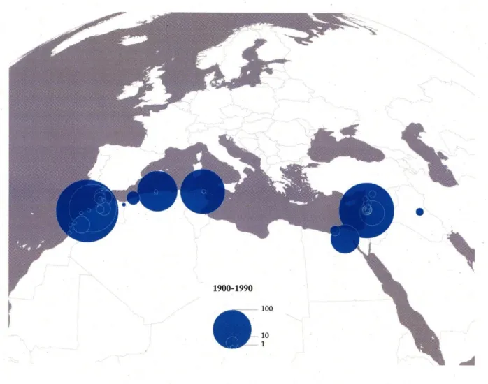 Fig. 4: Exhibitions of modern art in Arab countries, from Morocco to Lebanon, 1900-1990, grouped by  city;  work  in progress