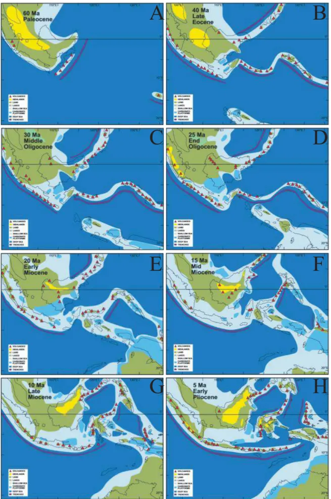 Figure 2. Geological reconstructions of lands and seas in the Indo-Australian Archipelago from 60 Ma to 5 Ma (Lohman et  al., 2011)  A BC DEFGH