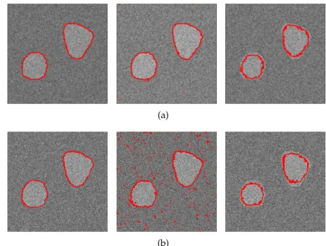 Figure 5: Segmentation of synthetic images (PSNR = 3dB) corrupted with different type of noise, and for different value of α parameter