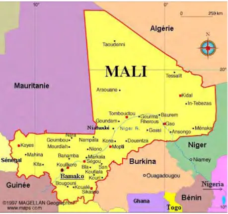 Figure  1 :  Carte  du  Mali  (source :  Direction  des  Ressources  Humaines  Secteur  Santé,  Développement  Social et Promotion de la Famille, 2017) 