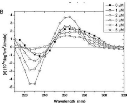 Figure 3-10 : Spectre dichroïque de 5 µM de l’aptamère T29 dans 10 mM de TrisHCl à pH=7,4 et différentes concentrations  de thrombine