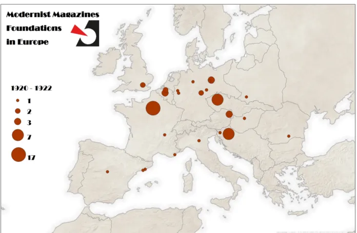 Figure 5. Modernist Magazine Foundations in Europe, 1920‐1922. Data : Béatrice Joyeux‐Prunel