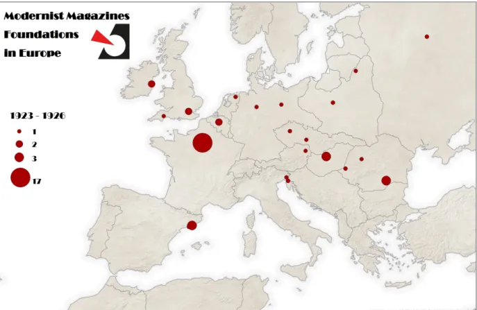 Figure 6. Modernist Magazine Foundations in Europe, 1923‐1926. Data : Béatrice Joyeux‐Prunel