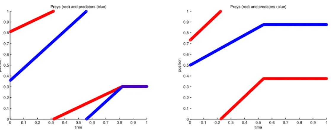 Figure 2: The chaser running after the prey in a periodic domain: numerical simulations with one individual of each specie
