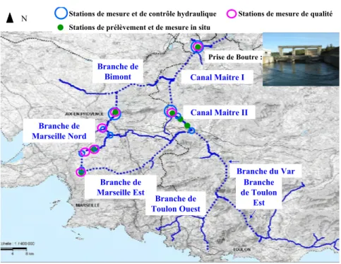 Figure 2.2  Carte du canal de Provence, réseau complet. Localisations des points de contrôle hydraulique et des stations de mesure