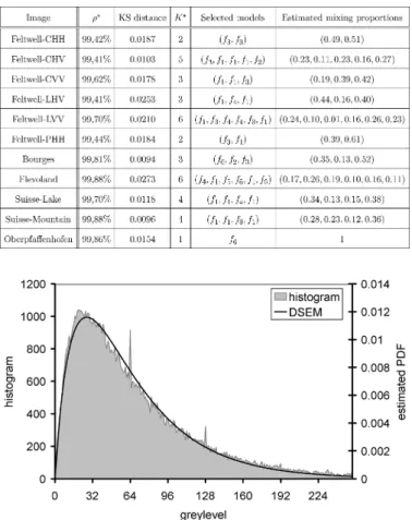 Fig. 4. Plots of the image histogram and of the DSEM pdf estimate for the