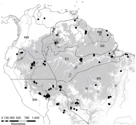 Figure 1 | Map of plot locations. Open circles—single census plots used for biomass and stem number analyses, closed circles—multi-census plots used for biomass, productivity and stem number analyses