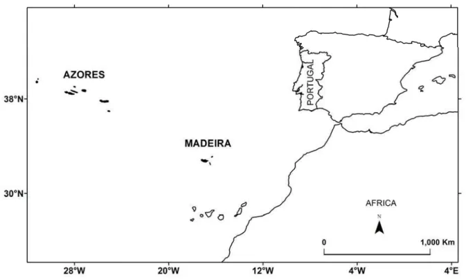 Figure 1. Map showing the location of the Azores and Madeira in the North Atlantic Ocean