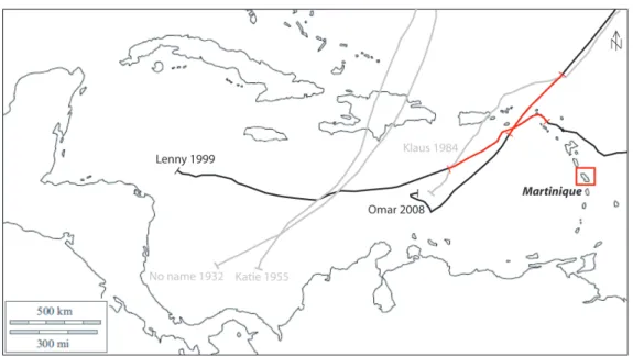 Figure 3. Carte de trajectoire des cyclones caractérisés par une circulation Ouest/Est au sein de la base de données HURDAT / Trajectory map of hurricane characterized by a West/East circulation, in the HURDAT data base.