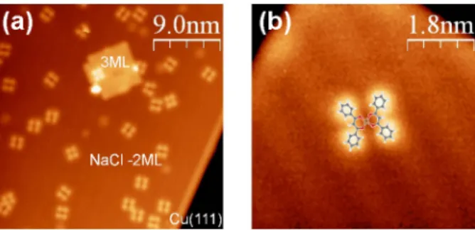 Figure 2: Constant-current STM images of Cu(dbm) 2 on a bilayer of NaCl on Cu(111) (a) Tunneling current It = 1pA, bias voltage Vt = 1V