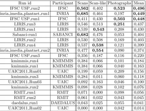Table 2. Normalized classification scores for each run and each image type. Top 3 results per image type are highlighted in bold