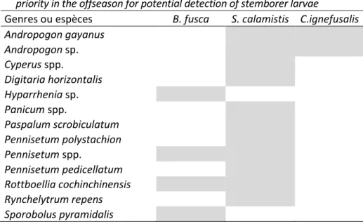 Tableau IV :  Espèces  de  Poacées  et  de  Cyperacées  à  observer  prioritairement  en  intersaison  pour  espérer  détecter  des  larves  de  foreurs