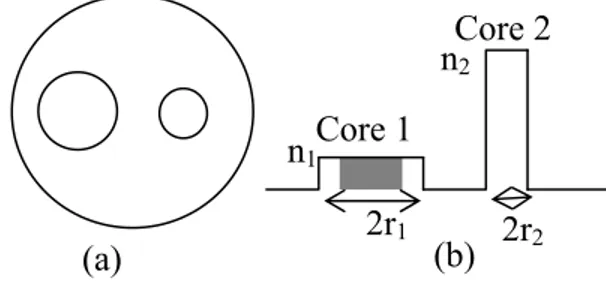 Fig. 1 Schematic diagram of (a) cross sectional view  and (b)   corresponding RIP of the twin core fiber