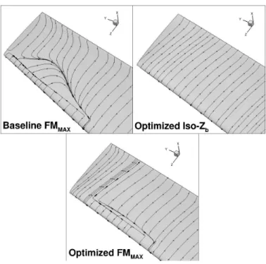 Fig. 9 Friction lines comparison at the blade tip for the thrust corresponding to the baseline F M M AX and at the optimized blade F M M AX .