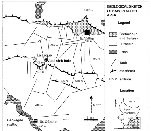 Figure 1:  geological sketch of Saint-Vallier area where Abel sink hole is located (from Mangan, 1997)