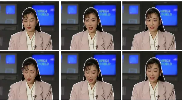 Fig. 5. Segmentation of Akiyo: Images 5, 15, 25, 40, 55, and 70 out of 300.