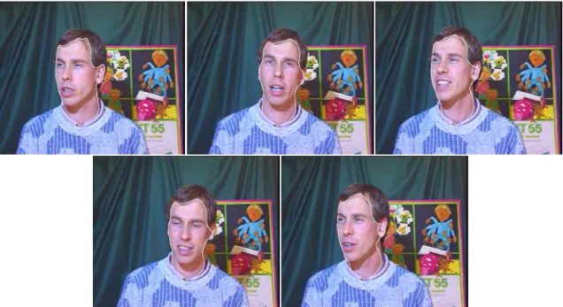 Fig. 6. Tracking of Erik’s face: Images 1, 10, 27, 40, and 50 out of 50. opposite. Therefore J ˜ 10 (τ ) = Z Ω in ( τ ) ∂k in∂τ dx − Z Γ( τ ) v · N k in dx + Z Ω out ( τ ) ∂k out∂τ dx − Z Γ( τ ) v · (− N )k out dx − Z ∂ Ω out ( τ )\Γ( τ ) w · N Ω out k out