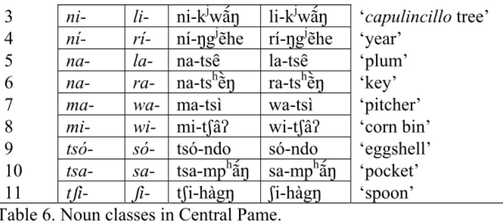 Table 6. Noun classes in Central Pame. 