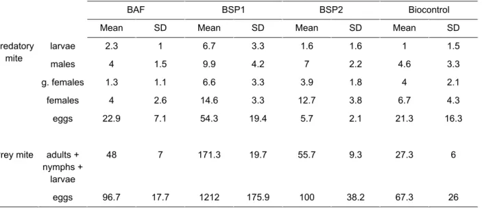 Table A: Abundances and sex ratios of the predatory mite (N. cucumeris) and the prey mite (T