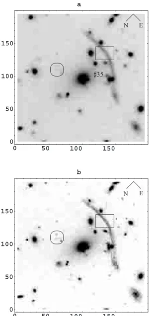 Fig. 1. a) Extraction of a sub-image (196 × 196 pixels) of Abell 370 observed with the CFHT